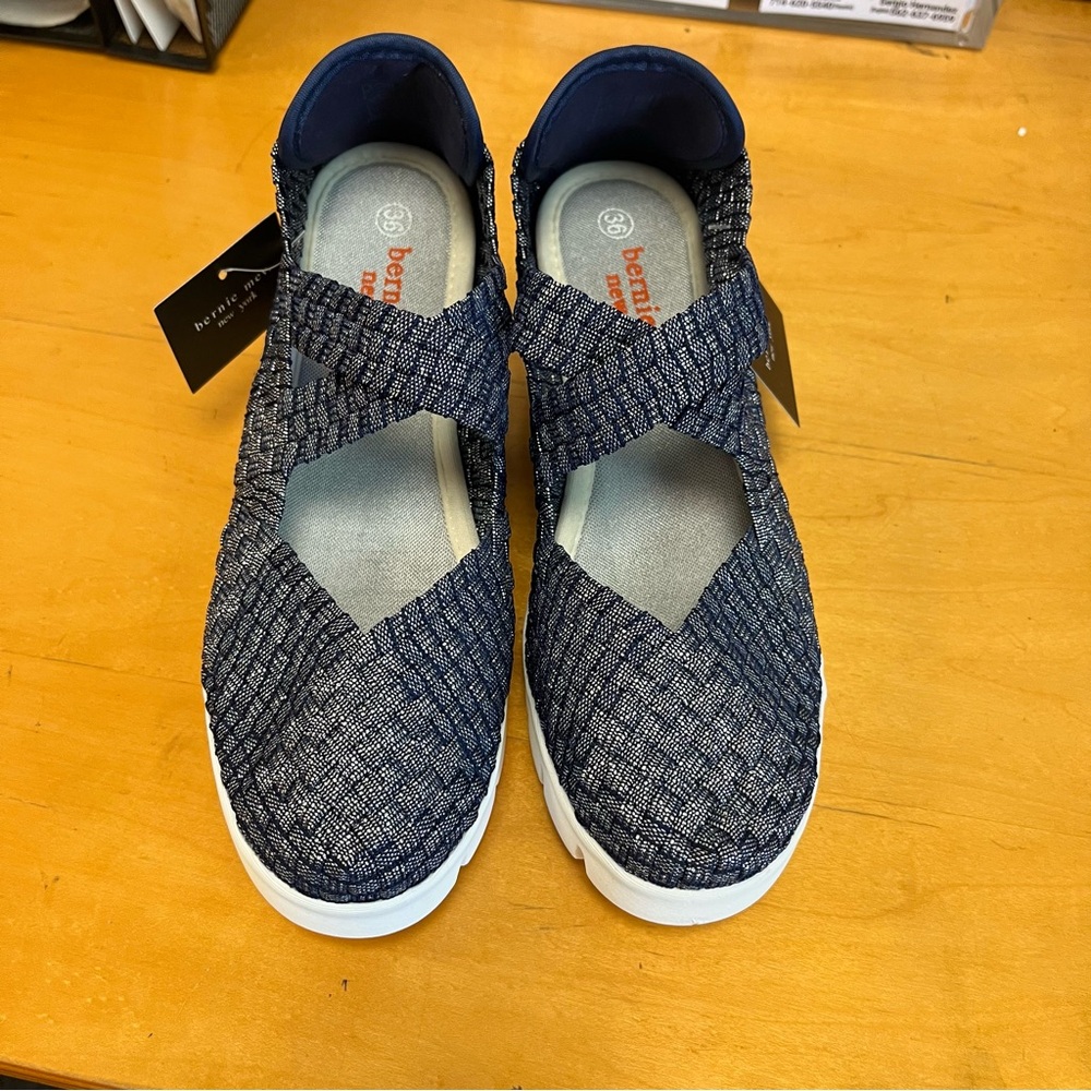 Bernie Mev Comfort Wedge Shoes Navy Blue Stretch Size 6 EU 36 - Picture 2 of 8